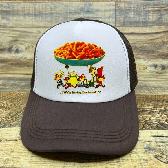 Beefaroni Mens Trucker Hat Brown Snapback Vintage Spaghetti Ad 50s Retro Cap - Picture 2 of 8